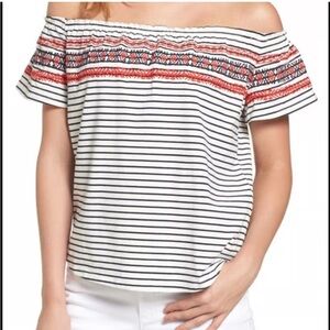 THML Mirah Off-The-Shoulder Embroidered Cotton Blend Knitt Top